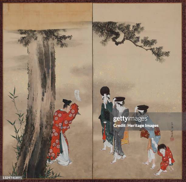 Shinto Priest, Three Women and a Child, Edo period, ca. 1799-1801. Young women carrying iron cooking pots on their heads are blessed by a Shinto...