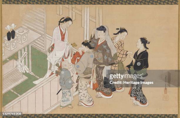 Infant's first visit to a Shinto shrine, Edo period, late 17th-early 18th century. Artist Nishikawa Sukenobu.