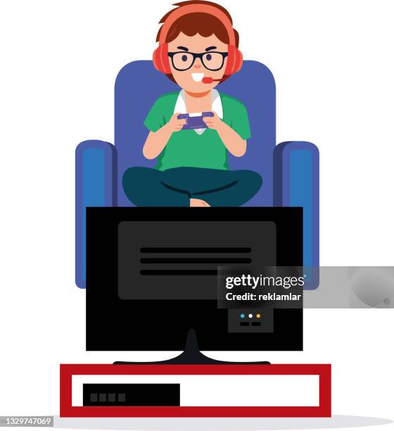 illustration of boy playing with game console connected to tv. the boy, who is completely focused on the game, has an angry and excited facial expression. vector illustration of a game addicted boy. focused on the game, having fun. technology addicted boy - boys gaming stock illustrations