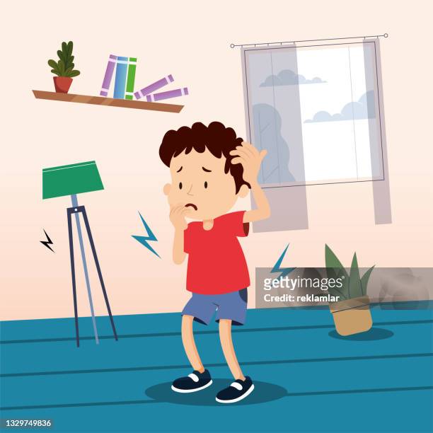 child is afraid of earthquake, worried child is holding his head to protect his head. items shake due to earthquake shaking. illustration showing the situations experienced during the earthquake. earthquake concept at home. - earthquake stock illustrations