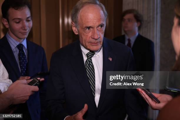 Sen. Tom Carper talks to reporters after a vote at the U.S. Capitol July 20, 2021 in Washington, DC. Senate Democrats held a weekly policy luncheon...