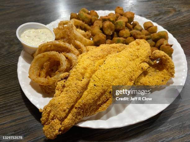 fried plate with onion rings - catfish stock pictures, royalty-free photos & images