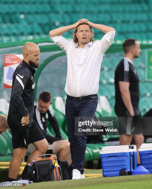 Bo Henriksen manager of FC Midtylland reacts during the UEFA Champions League Second Qualifying Round First Leg between Celtic and FC Midtjylland at...