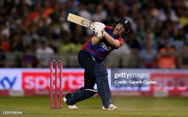 England captain Eoin Morgan hits out for six runs during the Third Vitality International T20 match between England and Pakistan at Emirates Old...