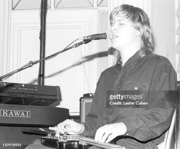 Canadian jazz and blues-rock vocalist, guitarist, and songwriter Jeff Healey sings and plays on stage on February 22, 1989 at the Arista Grammy party...