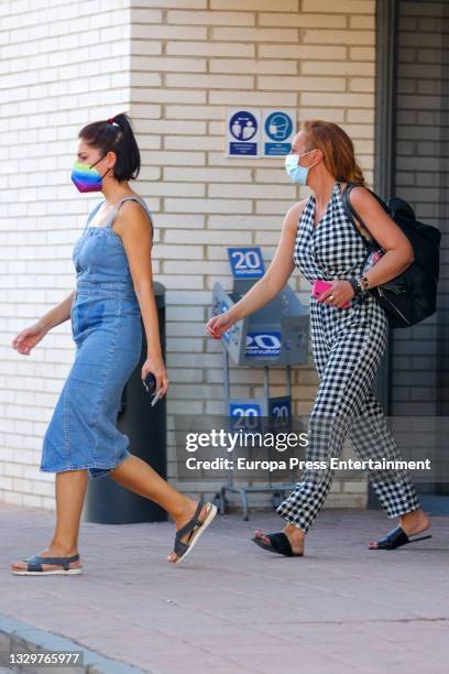 Rocio Carrasco leaves Mediaset wearing a Vichy plaid jumpsuit on July 20, 2021 in Madrid, Spain.