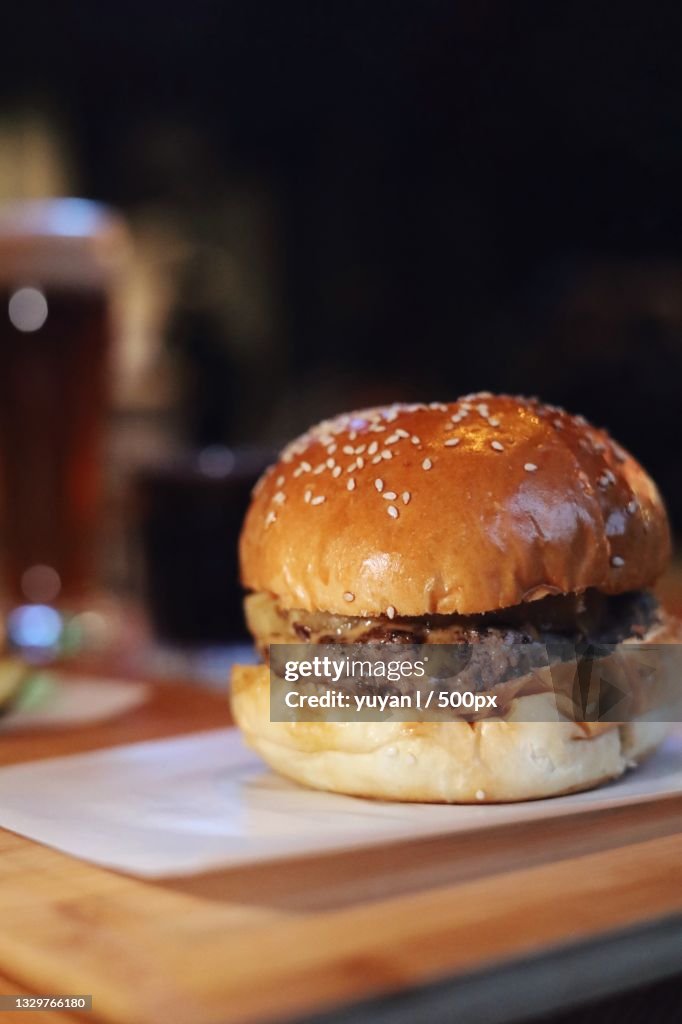 Close-up of burger on table