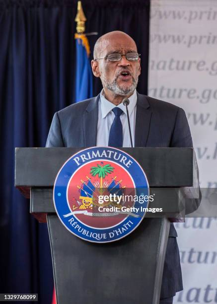 Ariel Henry speaks during a ceremony as he takes office as Prime Minister of Haiti at the Prime Minister's Office on July 20, 2021 in Port-au-Prince,...