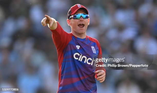 Eoin Morgan of England shouts during the 3rd Vitality T20 International between England and Pakistan at Emirates Old Trafford on July 20, 2021 in...