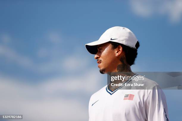 Nyjah Huston of Team United States looks on during a training session on the skateboard street course ahead of the Tokyo 2020 Olympic Games on July...