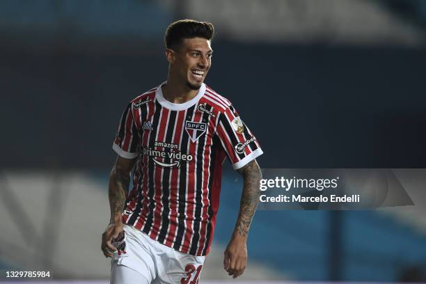 Emiliano Rigoni of Sao Paulo celebrates after scoring the opening goal during a round of sixteen second leg match between Racing Club and Sao Paulo...