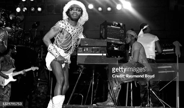 Musician and singer Garry Shider and an unidentified band member of Parliament-Funkadelic performs at the U.I.C. Pavilion in Chicago, Illinois in...