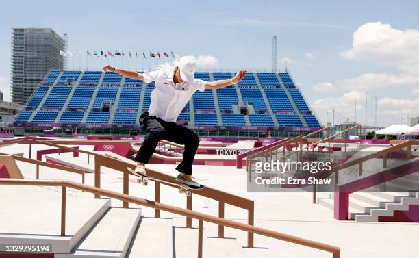Aori Nishimura of Team Japan practices on the skateboard street course ahead of the Tokyo 2020 Olympic Games on July 21, 2021 in Tokyo, Japan....