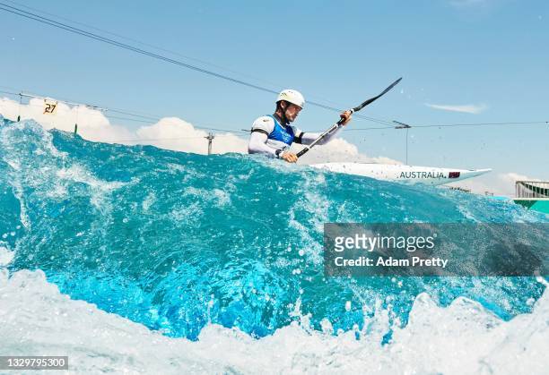 Lucien Delfour of Team Australia during training at the Kasai Canoe Slalom Center ahead of the Tokyo 2020 Olympic Games on July 21, 2021 in Tokyo,...