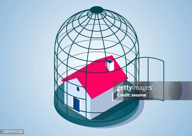 bildbanksillustrationer, clip art samt tecknat material och ikoner med open real estate industry, real estate sales and policies, the cage of locked houses is opened - cage