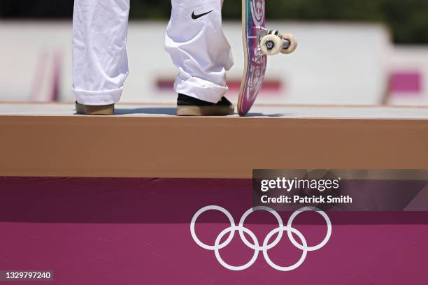 Detailed view of Olympic rings logo as a skateboarder practices ahead of the Tokyo 2020 Olympic Games on July 21, 2021 in Tokyo, Japan. Skateboarding...