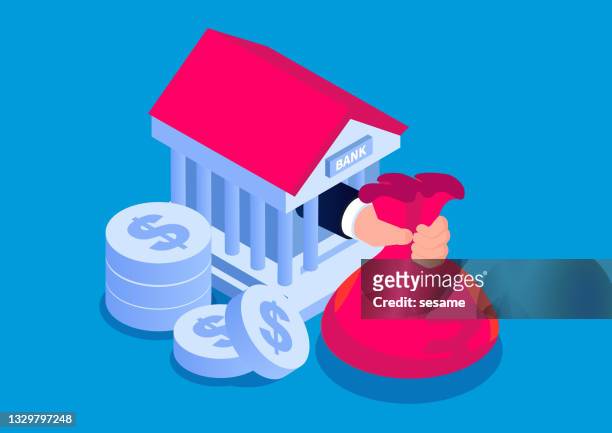 the concept of banking business, the outstretched hand inside the bank is holding a money bag, bank loan mortgage - commercial real estate as investment increases stock illustrations