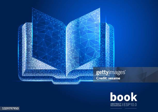 technology and books, vector abstract low polygonal dot lines connect the background of books - glowing book stock illustrations