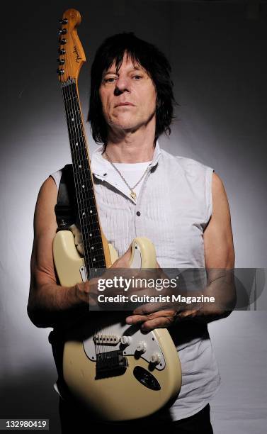 English rock guitarist Jeff Beck of the bands The Yard Birds and The Jeff Beck Group. During a portrait shoot with his Fender Stratocaster guitar on...