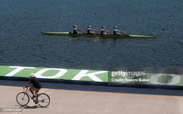 Member of the coaching staff for Team Canada watches the Women's Four from Team Canada train ahead of the Tokyo 2020 Olympic Games on July 21, 2021...