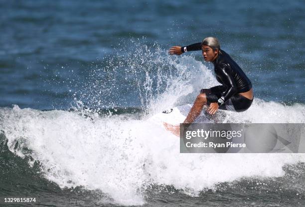 Kanoa Igarashi of Team Japan surfs during a practice session at Tsurigasaki Surfing Beach ahead of the Tokyo 2020 Olympic Games on July 21, 2021 in...