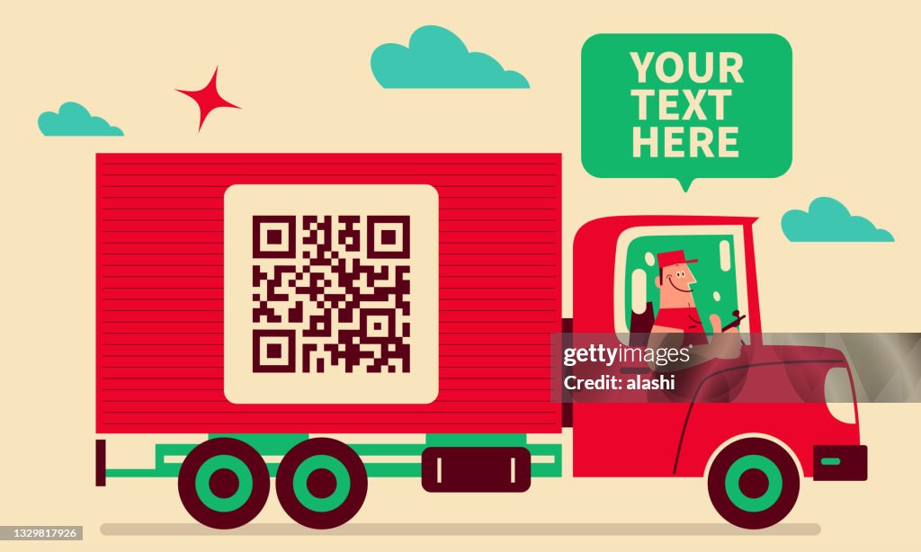 Truck driver wearing a trucker's hat drives a truck with a QR code on the container and gives a thumbs up