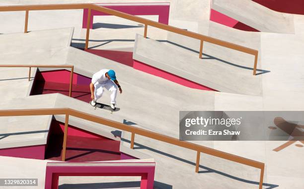 Vincent Milou of Team France practices on the skateboard street course ahead of the Tokyo 2020 Olympic Games on July 21, 2021 in Tokyo, Japan....