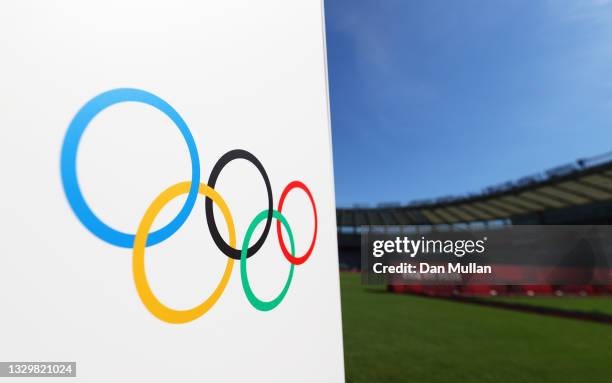 The Olympic ring logo is seen inside the stadium prior to the Women's First Round Group G match between Sweden and United States during the Tokyo...