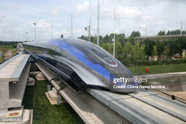 China's 600 km/h high-speed maglev transportation system makes debut on July 20, 2021 in Qingdao, Shandong Province of China. China's high-speed...