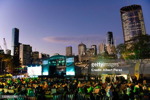 General view is seen of the stage area during the announcement of the host city for the 2032 Olympic Games, watched via live feed in Tokyo, at the...