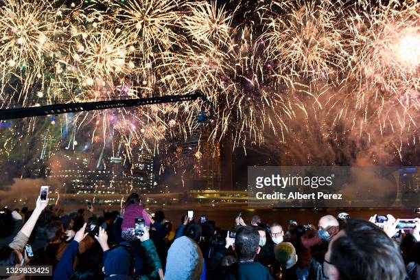 General view is seen of fireworks after Brisbane was announced as the host city of the 2032 Olympics during the announcement of the host city for the...
