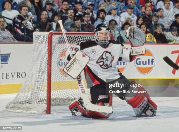 Dominik Hasek, Goaltender for the Buffalo Sabres tends goal during the NHL Eastern Conference Northeast Division game against the Ottawa Senators on...