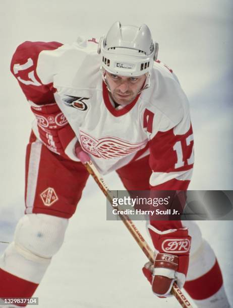 Gerard Gallant, Left Wing for the Detroit Red Wings looks on during the NHL Prince of Wales Conference Adams Division game against the Buffalo Sabres...