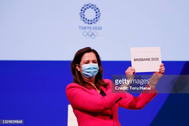The Honourable Annastacia Palaszczuk MP, celebrates after Brisbane was announced as the 2032 Summer Olympics host city during the 138th IOC Session...