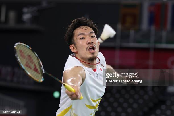 Keigo Sonoda of Team Japan in action during Badminton training at Musashino Forest Sport Plaza ahead of the Tokyo 2020 Olympic Games on July 21, 2021...