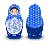 Beautiful Russian Doll in a Blue Sundress. Isolated Matryoshka Front, Back View. Wooden Toy, flowers pattern on clothes. A Fairy-tale Female Character. Slavic Symbol. Cartoon color style. Vector image