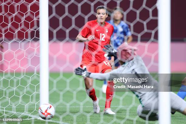 Christine Sinclair of Team Canada scores their side's first goal during the Women's First Round Group E match between Japan and Canada during the...