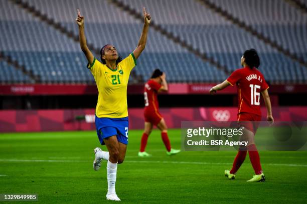 Andressa Alves of Brazil celebrates after scoring her sides fourth goal from the penalty spot during the Tokyo 2020 Olympic Football Tournament match...
