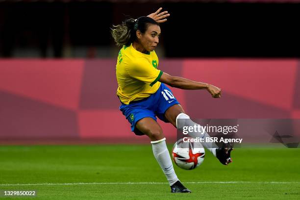 Marta of Brazil shoots to score her sides third goal during the Tokyo 2020 Olympic Football Tournament match between China and Brazil at Miyagi...