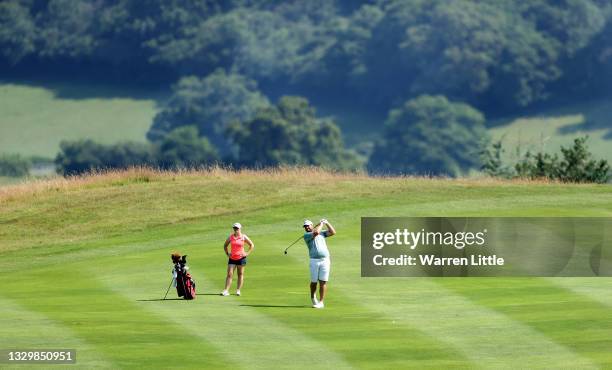 Jack Senior of England plays a practice round ahead of the Cazoo Open supported by Gareth Bale at Celtic Manor Resort on July 21, 2021 in Newport,...