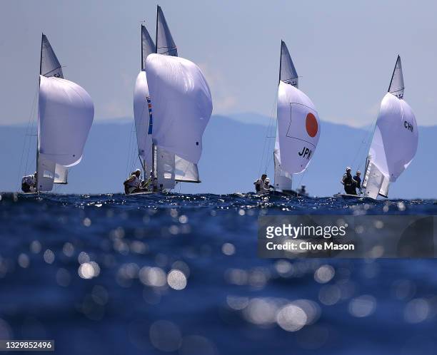 The mens 470 Class fleet in action during a practice race ahead of the Tokyo 2020 Olympic Games on July 21, 2021 in Tokyo, Japan.