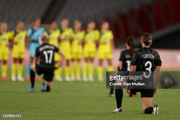 Anna Green of Team New Zealand takes a knee in support of the Black Lives Matter movement prior to the Women's First Round Group G match between...