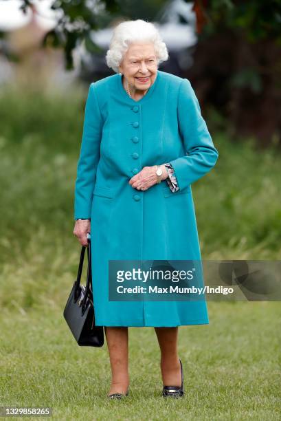 Queen Elizabeth II attends day 1 of the Royal Windsor Horse Show in Home Park, Windsor Castle on July 1, 2021 in Windsor, England.