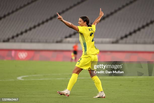 Sam Kerr of Team Australia celebrates after scoring their side's second goal during the Women's First Round Group G match between Australia and New...