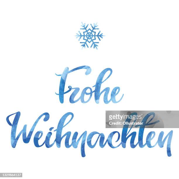 watercolor „frohe weihnachten“ inscription with a snowflake - weihnachten illustration stock illustrations