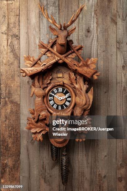 original black forest cuckoo clock in front of rustic wooden wall, germany - cuckoo clock stock-fotos und bilder