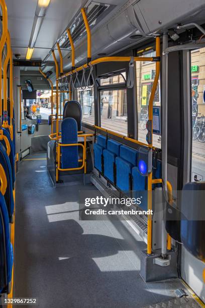 interior of a public bus in central copenhagen - bus denmark stock pictures, royalty-free photos & images