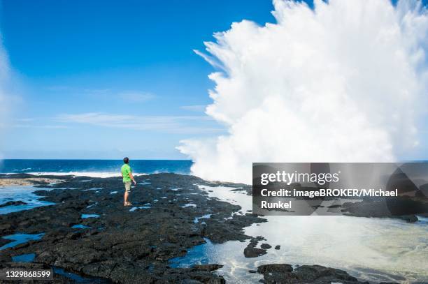 tourist enjoying the huge waves in the alofaaga blowholes on the south of savai´i, samoa, south pacific - blåshål djurkroppsdel bildbanksfoton och bilder