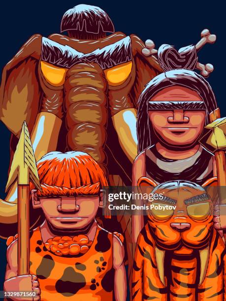 stockillustraties, clipart, cartoons en iconen met hand-drawn vector illustration of the stone age - cavemen, mammoth and saber-toothed tiger. - caveman