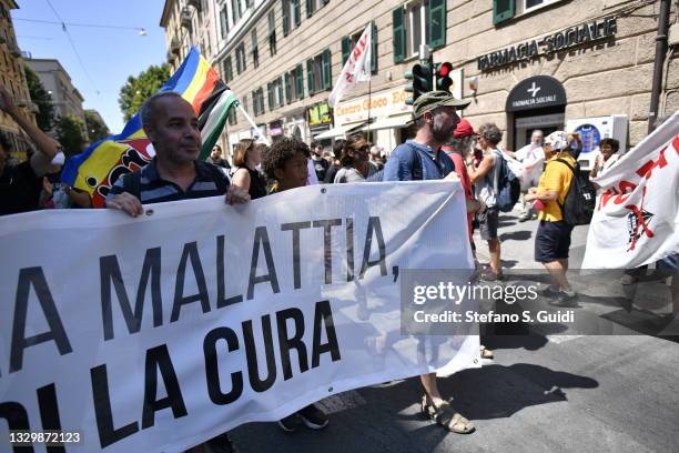 General view of protest demonstration of the Piazza Carlo Giuliani Committee in Piazza Alimonda on July 20, 2021 in Genoa, Italy. Activists are...